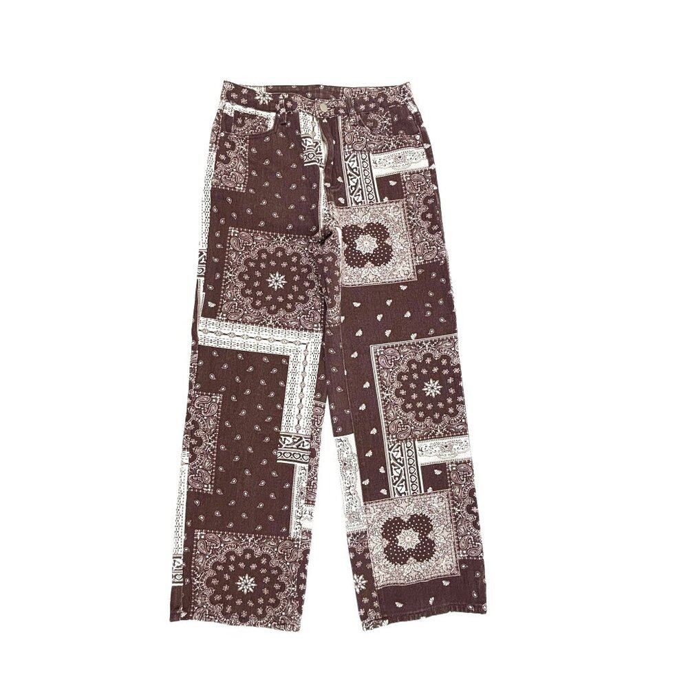 Shein Wide Leg Womens size 6 Brown‎ Paisley Pattern Denim Jeans